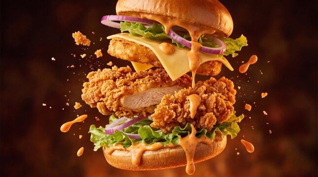 Crispy fried chicken burger with flying ingredients, exploding spicy chicken sandwich with dripping sauce, gourmet fast food burger on dark background