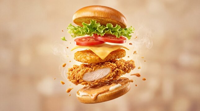 Crispy chicken burger with flying ingredients, deconstructed gourmet sandwich on warm background, levitating fast food burger with lettuce and cheese