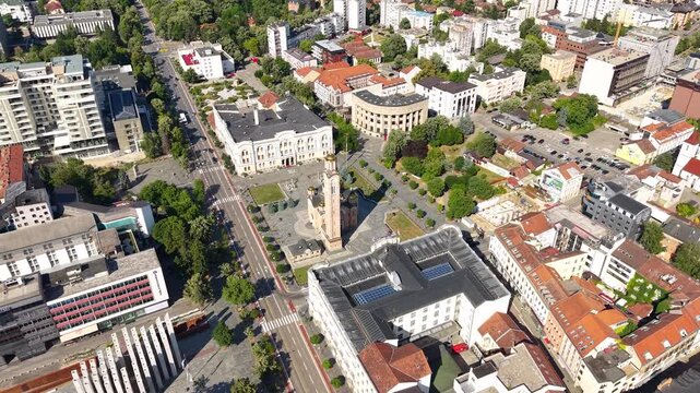 Drone Shot of Banja Luka, Bosnia and Herzegovina. Church and Government Buildings in City Center
