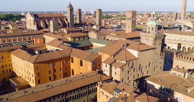 Medieval Churches, Towers And Buildings In Bologna, Italy. - aerial shot
