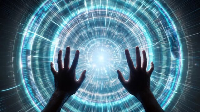 Two hands extend toward a bright center with rays of energy radiating outward in a dark space, showcasing motion and light