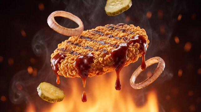 Grilled beef burger patty with barbecue sauce over fire, flying onion rings and pickles on dark background, sizzling meat with smoke and sparks