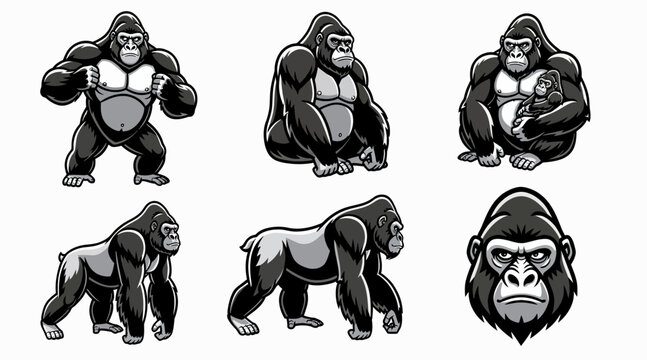 Gorilla Set: Poses and Portrait - Wild Animal Illustrations