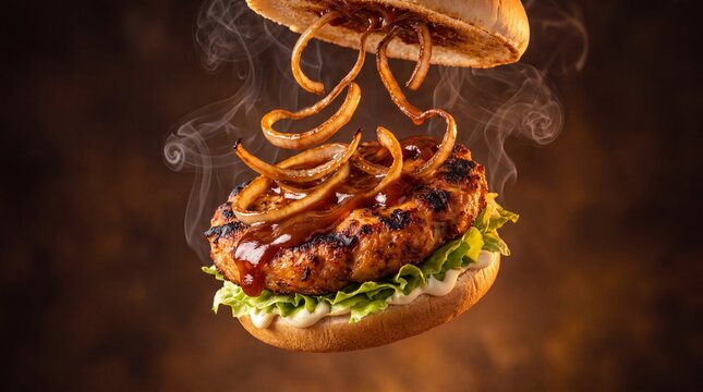 Gourmet grilled beef burger with flying onion rings and steam, levitating cheeseburger with barbecue sauce, delicious fast food advertising photography
