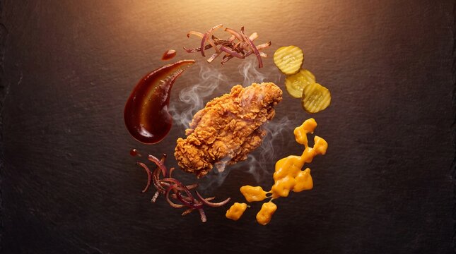 Crispy fried chicken breast with steam, gourmet fast food ingredients on dark slate, golden breaded poultry with barbecue sauce and pickles