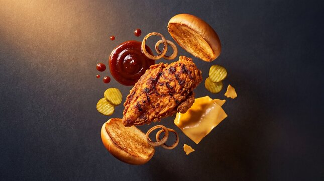 Levitating crispy chicken burger ingredients, flying fried chicken sandwich components with pickles and sauce, deconstructed fast food burger