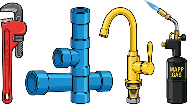 Professional Plumbing Tools and Equipment Vector Set with Red Pipe Wrench, Blue PVC Fittings, Yellow Faucet Tap, and Mapp Gas Blowtorch