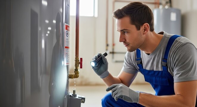 Plumber inspecting water heater for leaks with flashlight in hands, focused on valve and piping details. Water heater maintenance includes checking connections and identifying potential issues.