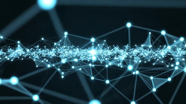 Abstract blue plexus network background with glowing digital nodes and connecting lines 3d render