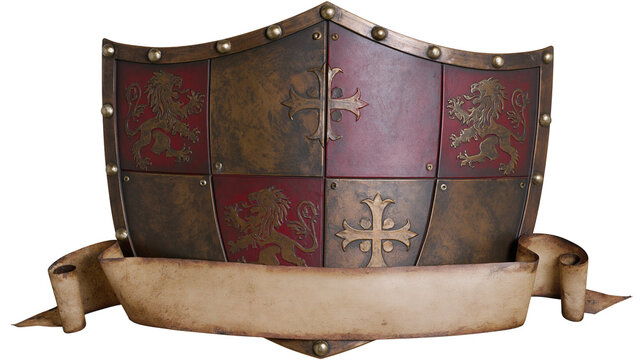 Medieval heraldic shield with lion and cross emblems and blank scroll, isolated on transparent background