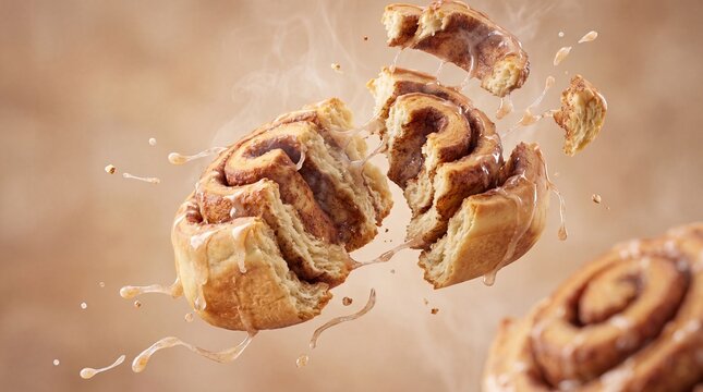 Freshly baked cinnamon roll exploding with icing splashes, warm glazed pastry with steam and flying crumbs, sweet breakfast bun on brown background