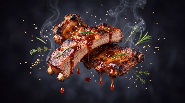 Grilled pork ribs with barbecue sauce and sesame seeds, flying roasted spare ribs with smoke and herbs, delicious BBQ meat on dark background