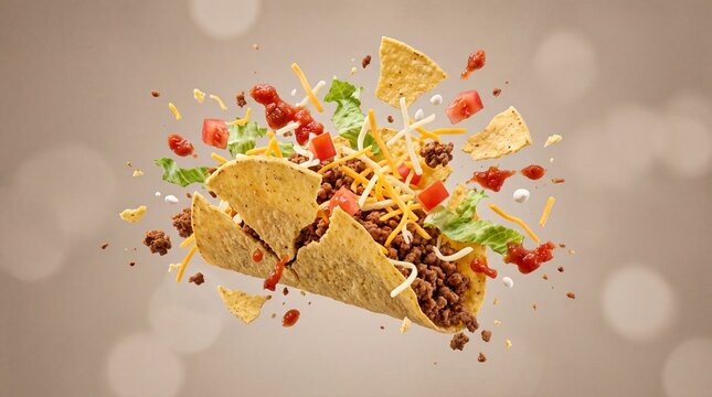 Exploding beef taco with flying ingredients, dynamic food splash of crispy tortilla shells and fresh toppings, mexican cuisine action shot