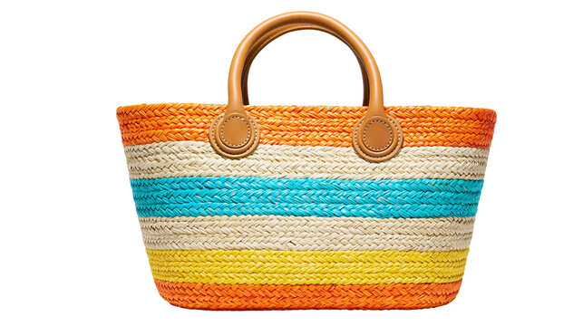 Striped woven straw tote bag with leather handles, isolated on transparent background