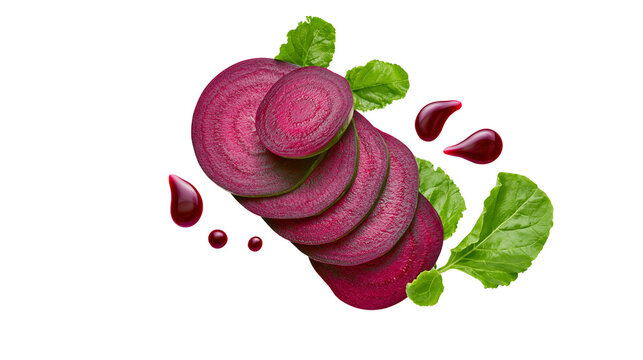 Sliced fresh beetroot with green leaves and juice drops, isolated on transparent background