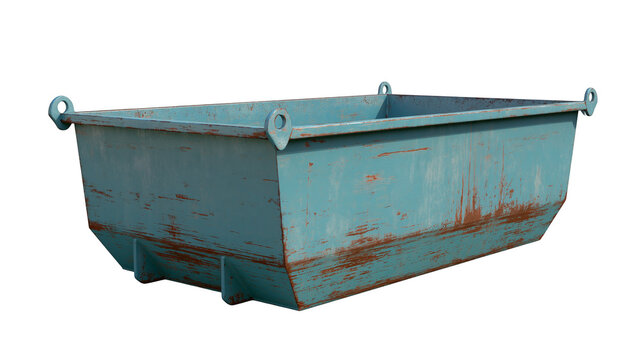 Rusty teal metal skip bin with lifting rings, isolated on transparent background