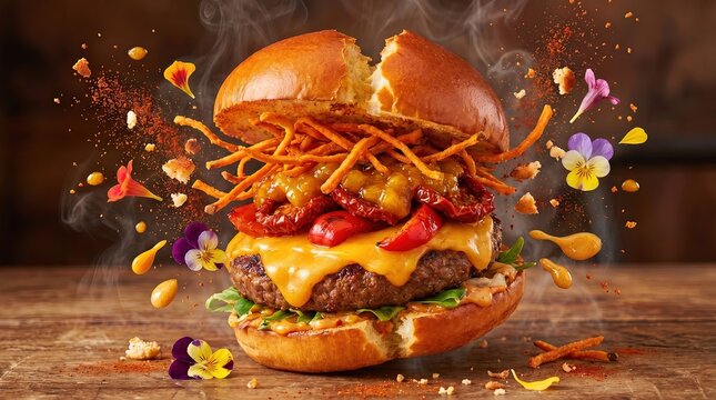 Exploding Burger with Melting Cheese and Toppings