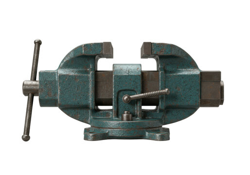 Vintage heavy-duty industrial bench vise with teal patina and worn steel jaws isolated on a transparent background. Concept of engineering and durability