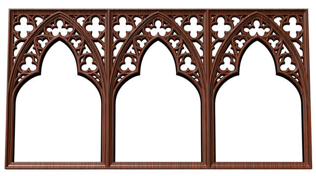 Ornate gothic architectural window frame with three arched openings, isolated on transparent background