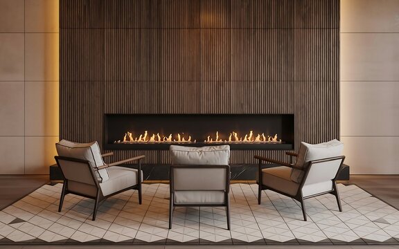 Luxurious Modern Living Room Featuring a Linear Fireplace and Elegant Seating Arrangement