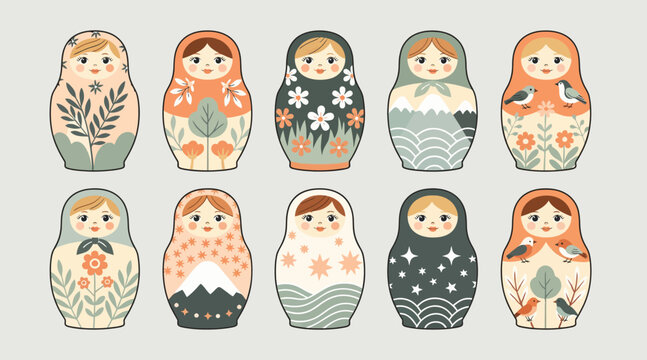Set of decorative matryoshka dolls with floral and nature patterns