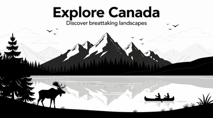 Obraz premium Explore Canada: Moose, Mountains, Lake & Canoe Adventure
