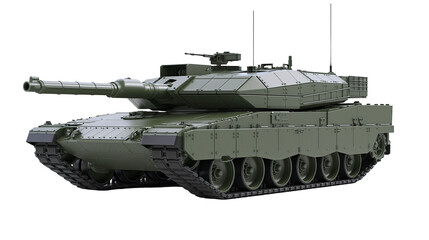 Olive green modern main battle tank with tracks and turret, isolated on transparent background © Emilia