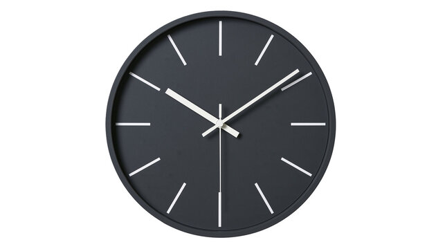 Minimalist dark gray wall clock with white hour markers and hands, isolated on transparent background