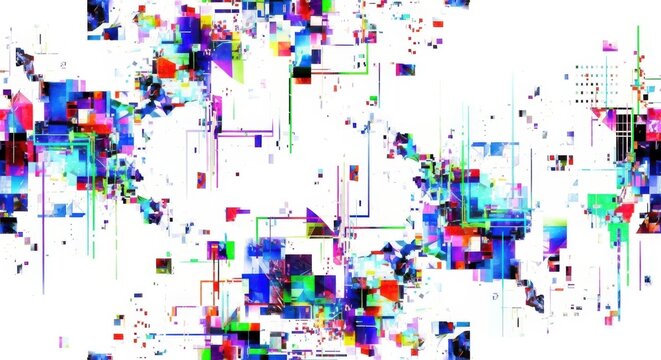 Abstract glitch art with vibrant colors and digital artifacts creating a chaotic visual experience