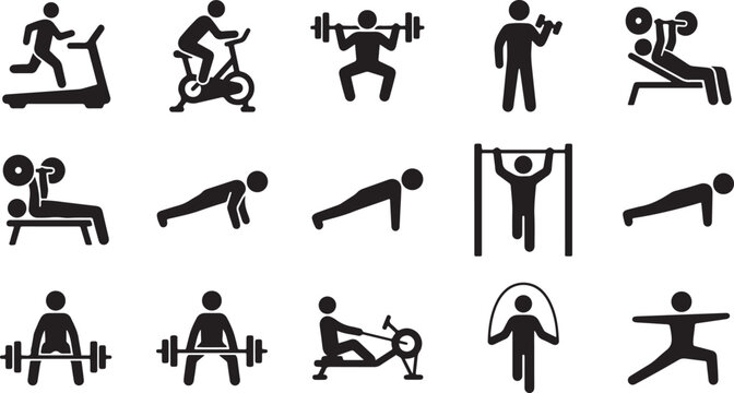 Bodybuilding and gym workout icons displaying diverse exercise routines and weight lifting.