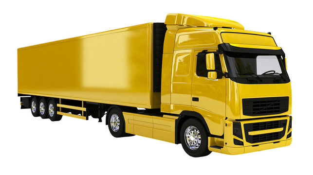 Shiny yellow semi-trailer truck with large cargo box, isolated on transparent background