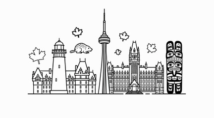 Obraz premium Canadian Skyline Silhouette: Landmarks, Maple Leaves, Beaver, Totem Pole