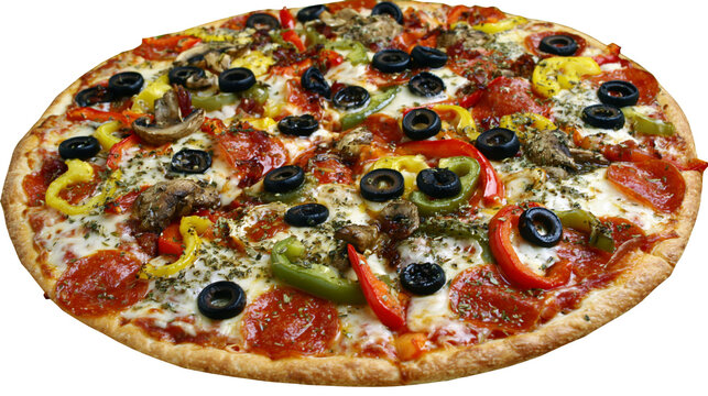 Whole supreme pizza with pepperoni olives peppers and mushrooms, isolated on transparent background