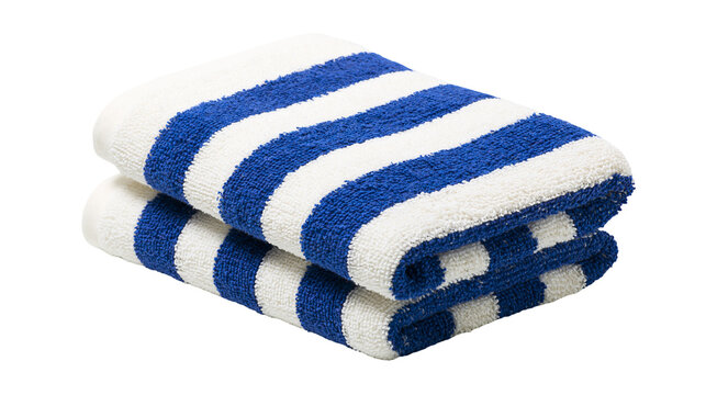Two folded blue and white striped terrycloth towels, isolated on transparent background