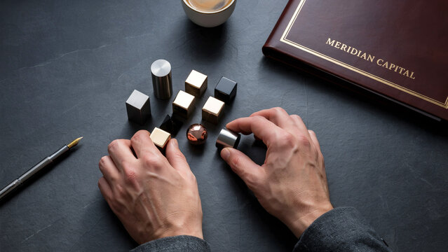 Top view of hands arranging metallic geometric cubes and cylinders on dark desk next to a leather corporate folder.