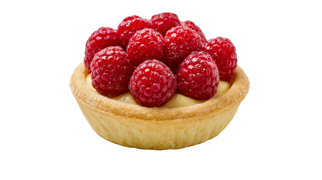 Golden pastry tart filled with cream and topped with fresh raspberries, isolated on transparent background