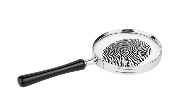 Magnifying glass examining a black fingerprint, isolated on transparent background