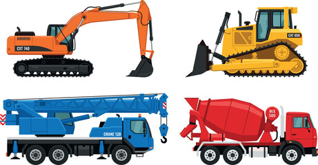 Heavy Construction Machinery and Vehicles Vector Set with Orange Excavator, Yellow Bulldozer, Blue Mobile Crane Truck, and Red Concrete Mixer © EdGe Creative