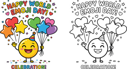 Happy World Emoji Day Celebration Illustration  Cute Smiley Character with Heart Star Balloons and Confetti Color and Outline Set © Mehrab