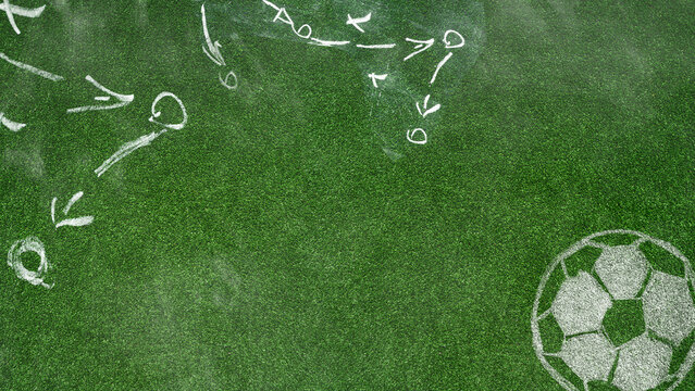 Grungy soccer or football design template. well-groomed turf in the stadium and soccer strategy with copy space.