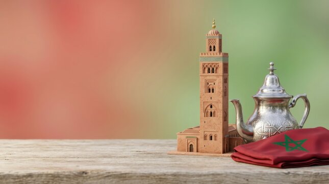Miniature Koutoubia Mosque with Moroccan Flag and Teapot