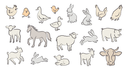 Obraz premium Pastel hand drawn farm animals in soft vintage colors. Cute rustic livestock and poultry vector illustrations for children, education, branding, packaging, nursery design. Isolated on white background