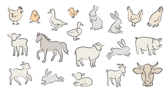 Pastel hand drawn farm animals in soft vintage colors. Cute rustic livestock and poultry vector illustrations for children, education, branding, packaging, nursery design. Isolated on white background