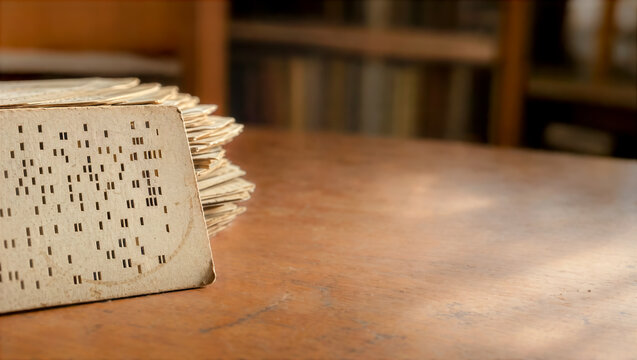 view of worn vintage computer punch cards on a wooden table, with copy space for text about the beginnings of programming and the history of computer systems