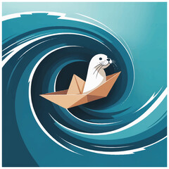 Seal in a paper boat wave. © Zenora