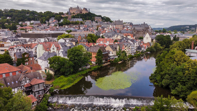 View over Marburg with the Lahn River and Historic Old Town, Hesse, Germany