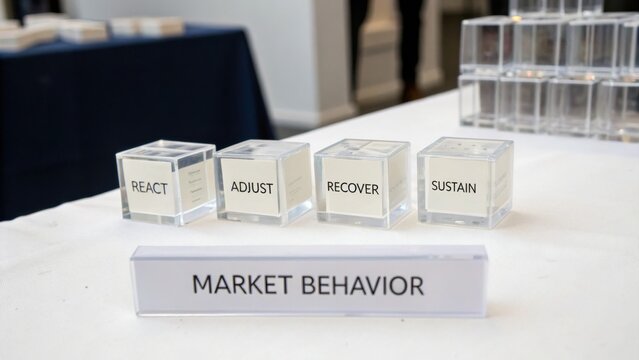 Transparent cubes displaying concepts of react, adjust, recover, and sustain in a business context on a clean table surface