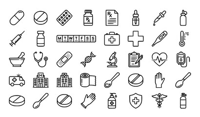 Naklejka premium Linear Medication and Pharmacy Icons Editable Stroke Healthcare Vector Set