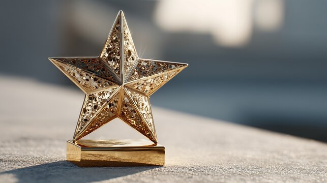 Ornate golden star trophy sitting with intricate details symbolizing outstanding achievement, premium victory, success, and top performance recognition