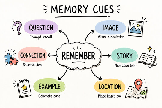 A diagram illustrates various memory cues like question, image, connection, example, story, and location surrounding the central concept of REMEMBER.